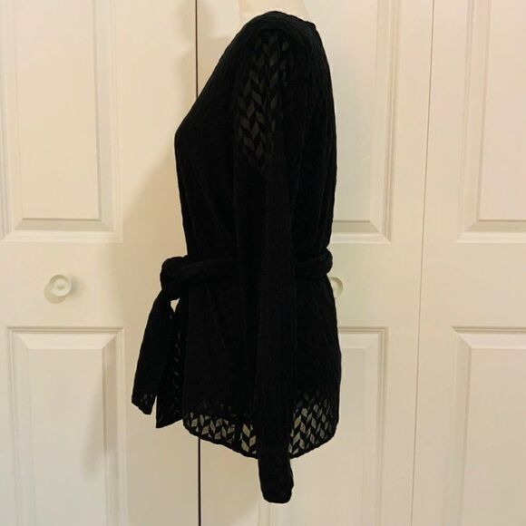 Ann Taylor Black Embroidered Chevron Semi Sheer Long Sleeve Belted Top Medium - Picture 4 of 12